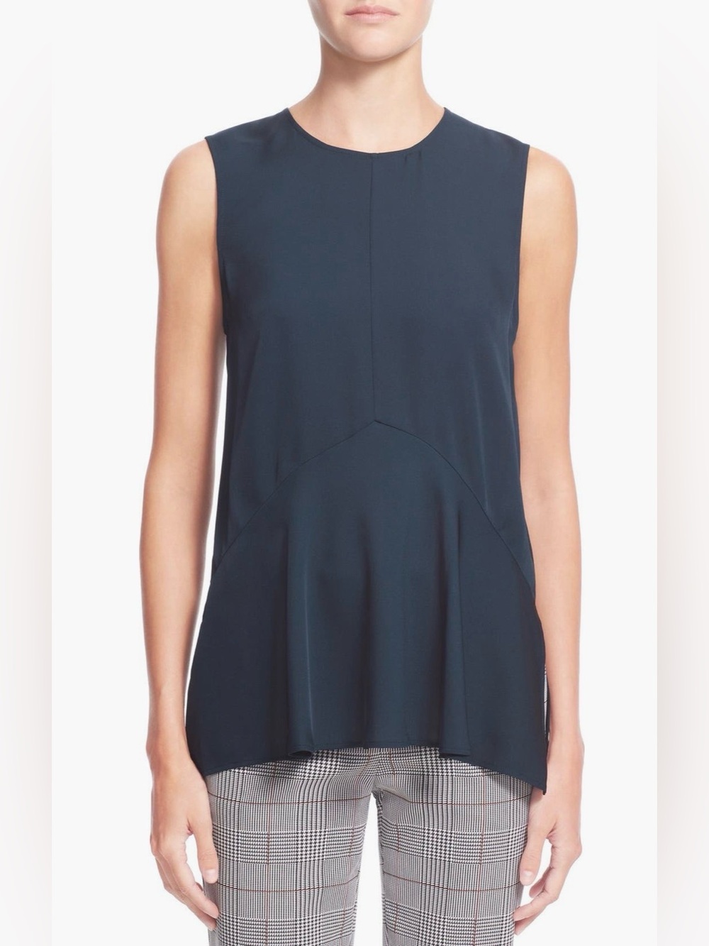 Theory Laycee Sleeveless Silk High/Low Peplum Top - Dark Mineral - Size Medium